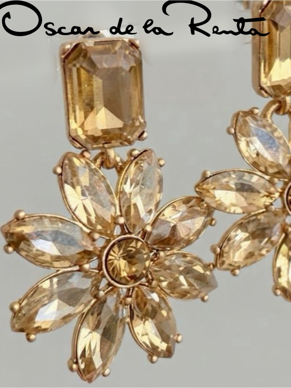 Oscar de la Renta Champagne Crystal Floral Drop Earrings✨SIGNED✨Post Back✨